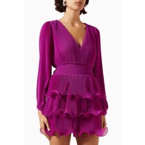 NWT Milly Ryan Pleated Chiffon Long Sleeve Mini Dress in Fuchsia, Size 6